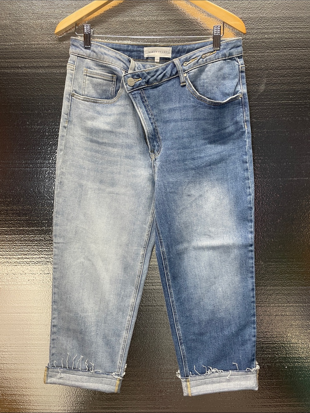 Risen Jeans Asymmetrical cross Two-Tone Blue relax Jeans with Rolled Frayed Hem